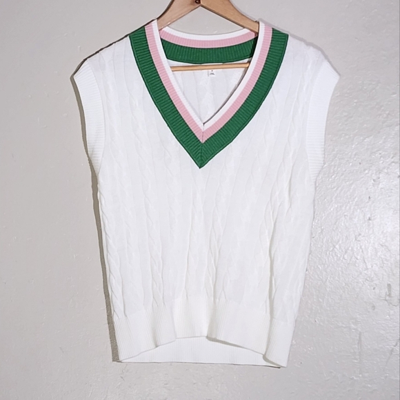 Minnie Rose Set White V-Neck Sweater with Green and Pink Accents - Picture 2 of 4